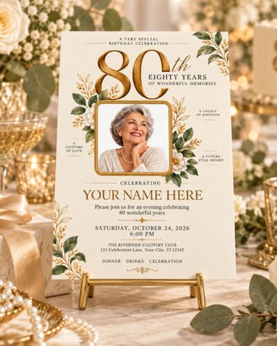 80th Birthday Photo Invitation | Elegant Vintage Canva Template – product image